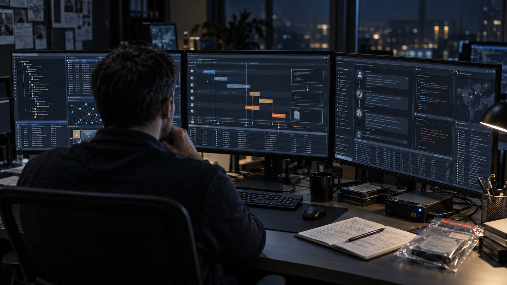 A forensic investigator examining an AI-enabled ransomware timeline, system records, network activity, and model interactions across several monitors.