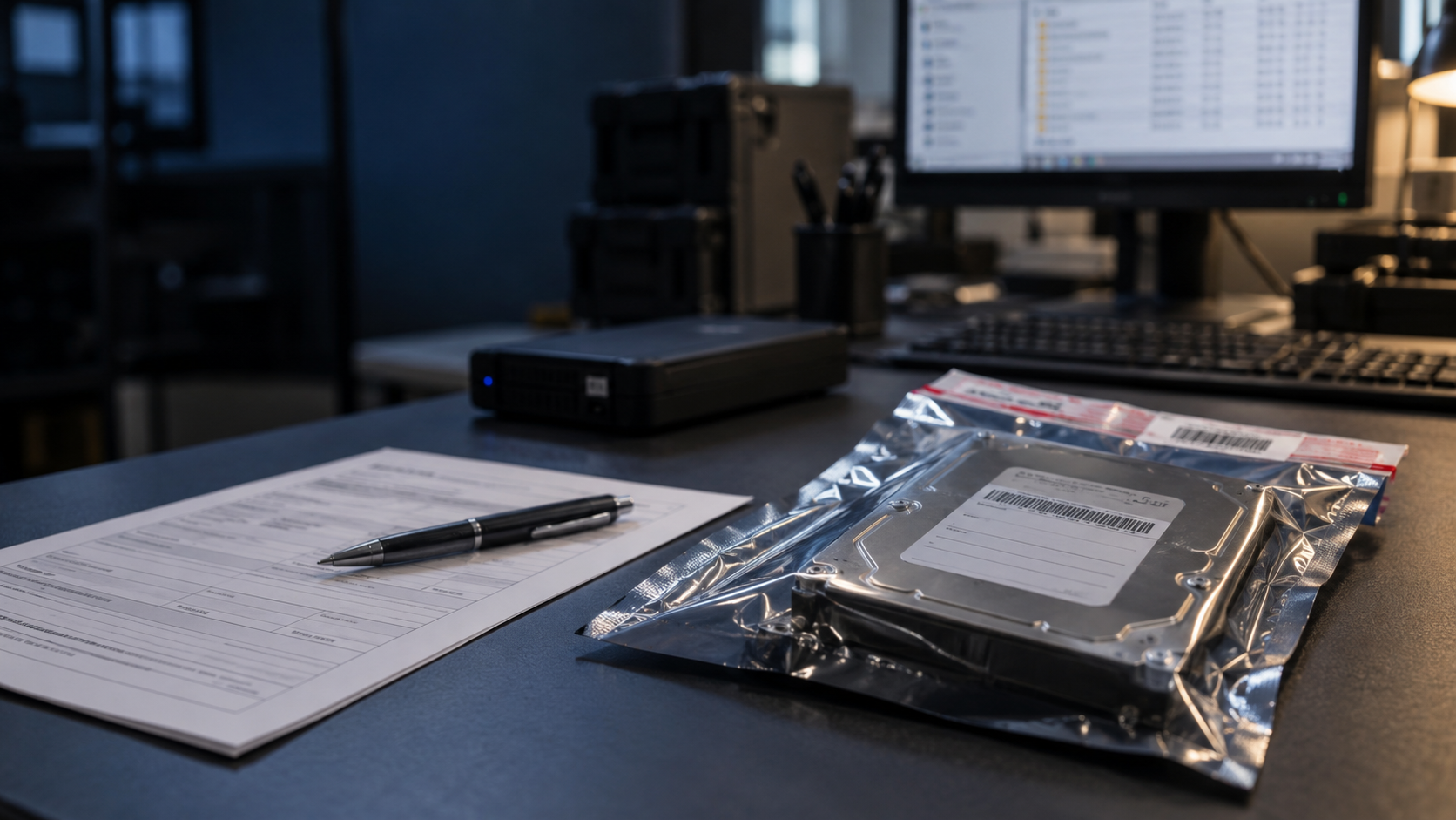 A hard drive sealed in an evidence bag beside a preservation record and forensic examination workstation.